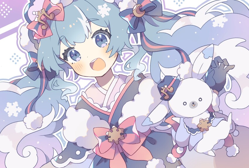 1girl :d blue_gloves bowtie fortissimo fur-trimmed_kimono fur_trim gloves glowing_snowflake hair_ornament hatsune_miku headdress highres japanese_clothes kimono komano_shia musical_note musical_note_hair_ornament open_mouth rabbit smile snowflake_ornament striped_bow striped_bowtie striped_clothes upper_body vocaloid yuki_miku yuki_miku_(2023)