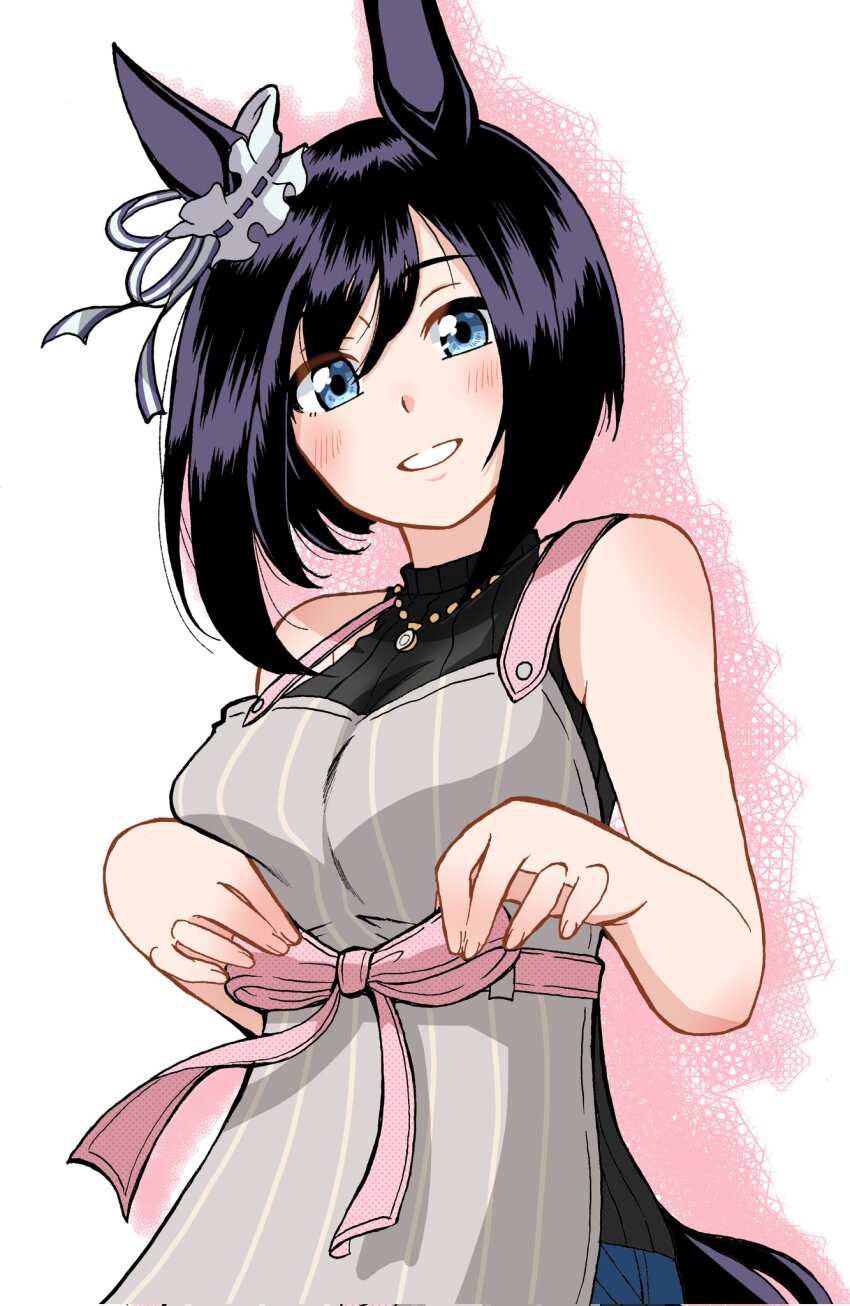 1girl alternate_costume animal_ears apron bare_shoulders black_hair black_sweater blue_eyes eishin_flash_(umamusume) emapippi grey_apron highres horse_ears horse_girl horse_tail looking_at_viewer ribbed_sweater short_hair sleeveless sleeveless_sweater smile solo sweater swept_bangs tail umamusume