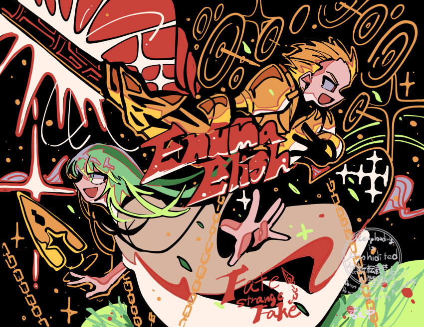 1boy 1other :d armor artist_name black_background blonde_hair chain copyright_name ea_(fate) enkidu_(fate) enkidu_(weapon)_(fate) fate/strange_fake fate_(series) floating_hair from_side gate_of_babylon_(fate) gilgamesh_(fate) gold_armor gold_chain green_eyes green_hair highres holding holding_polearm holding_weapon ima_mo_nao_kangaechuu limited_palette long_hair long_sleeves noble_phantasm_(fate) open_mouth outstretched_arms polearm red_eyes short_hair sideways_mouth signature simple_background smile sparkle v-shaped_eyebrows watermark weapon