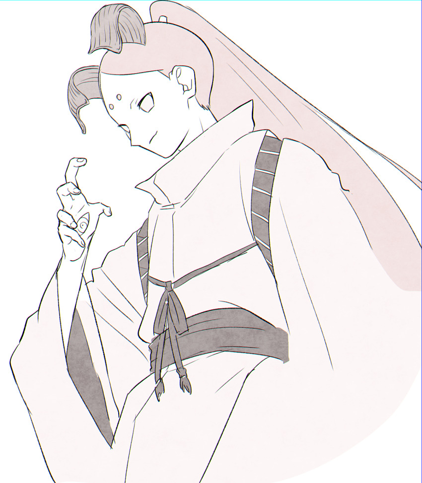 alien boruto:_naruto_next_generations byakugan closed_mouth color1242 colored_skin cowboy_shot curved_horns eye_in_palm highres horns long_hair naruto_(series) ootsutsuki_momoshiki ponytail robe simple_background sketch very_long_hair white_background white_eyes white_hair white_robe white_skin