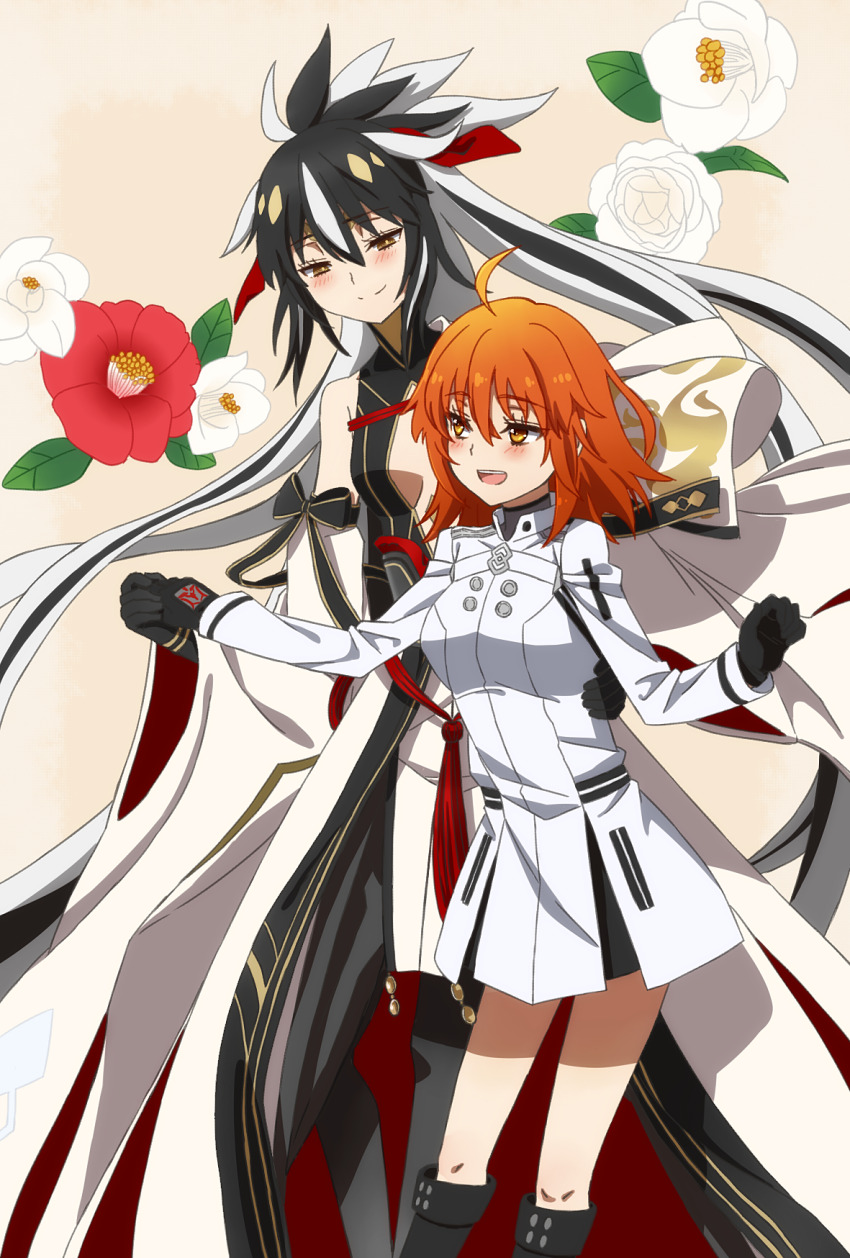2girls ahoge bare_shoulders black_footwear black_gloves black_hair black_shirt black_shorts black_skirt black_thighhighs boots breasts brown_eyes center_opening detached_sleeves dress fate/grand_order fate_(series) flower fujimaru_ritsuka_(female) fujimaru_ritsuka_(female)_(decisive_battle_chaldea_uniform) gloves gold_trim hair_between_eyes halterneck high_ponytail highres holding_hands knee_boots layered_skirt long_hair long_sleeves medium_breasts multicolored_hair multiple_girls nagao_kagetora_(fate) oiun open_mouth orange_eyes orange_hair ponytail shirt short_hair shorts sidelocks skirt small_breasts smile thighhighs thighs two-tone_hair uesugi_kenshin_(fate) uesugi_kenshin_(third_ascension)_(fate) very_long_hair white_dress white_hair white_skirt wide_sleeves
