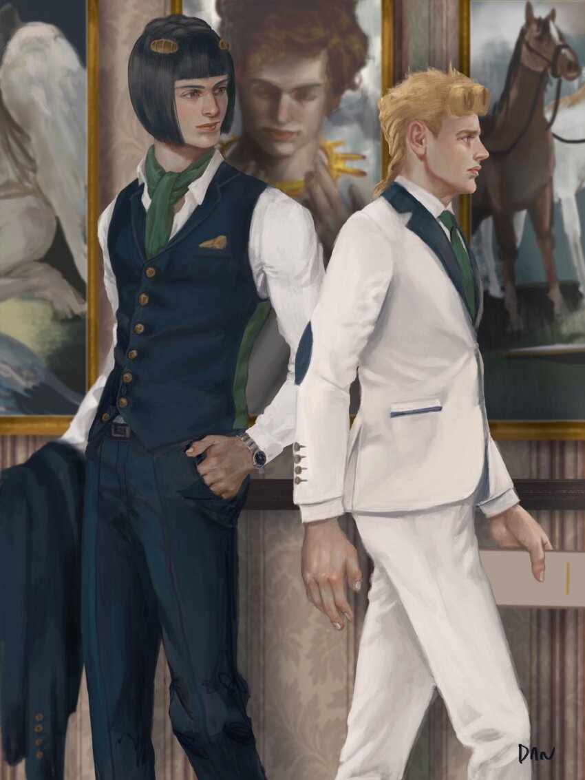 2boys artist_name belt black_hair blonde_hair blue_pants bob_cut braid bruno_bucciarati buttoned_cuffs buttons commentary_request danart14020 drawing_(object) formal_clothes giorno_giovanna green_eyes green_necktie hair_ornament hairclip hand_in_pocket highres holding holding_jacket holding_unworn_clothes indoors jacket jojo_no_kimyou_na_bouken long_hair long_sleeves looking_to_the_side male_focus multiple_boys necktie pants realistic shirt suit unworn_jacket vento_aureo vest watch white_jacket white_pants white_shirt white_suit wristwatch