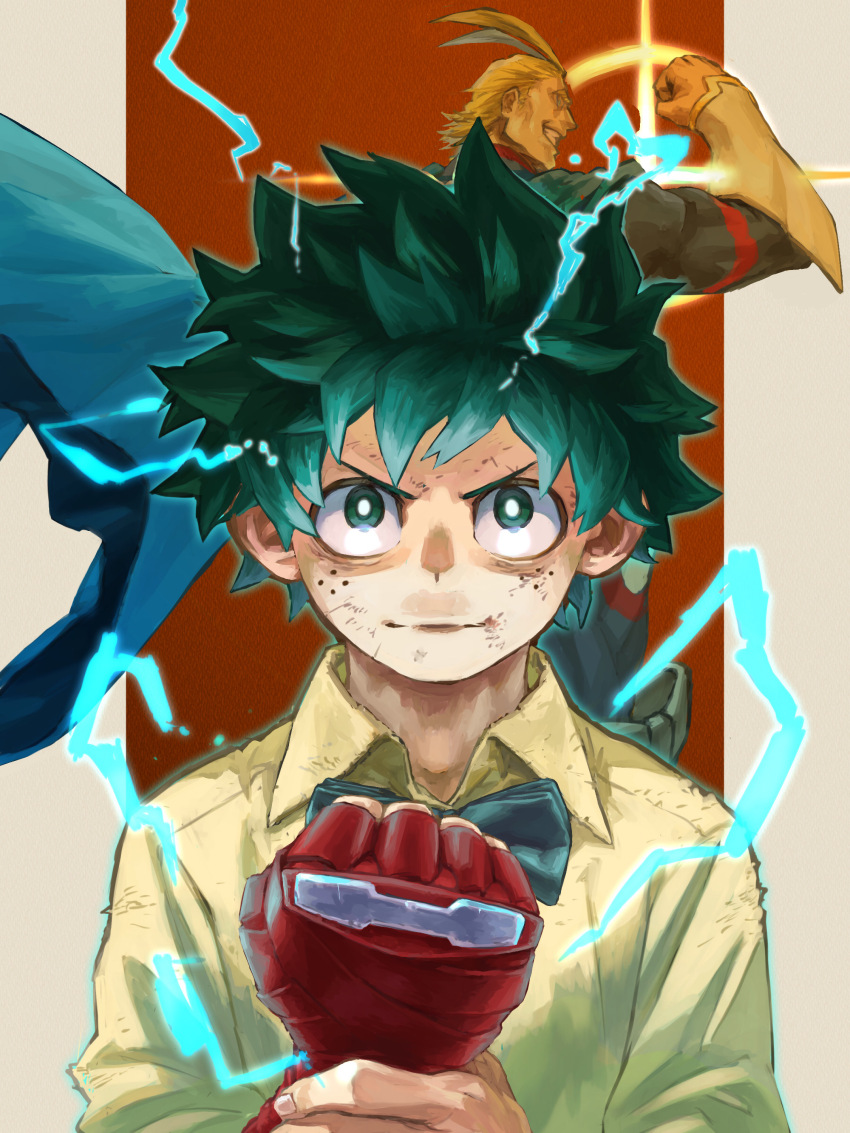 2boys absurdres adam&#039;s_apple aged_down all_might antenna_hair bags_under_eyes black_bow black_bowtie blonde_hair blue_cape blue_outline bodysuit boku_no_hero_academia bow bowtie bright_pupils brown_background bruise cape clenched_hand closed_mouth collared_shirt commentary_request determined diffraction_spikes electricity flexing floating_cape freckles green_eyes green_hair grin hand_on_own_wrist hand_up hands_up happy highres holding_own_wrist injury looking_at_viewer looking_to_the_side male_focus midoriya_izuku multiple_boys official_alternate_costume outline outside_border partial_commentary pillarboxed profile scratches shirt short_hair sideburns smile split_mouth straight-on superhero_costume turning_head upper_body upturned_eyes v-shaped_eyebrows white_pupils wing_collar yagi_toshinori yellow_shirt yomoyama_yotabanashi