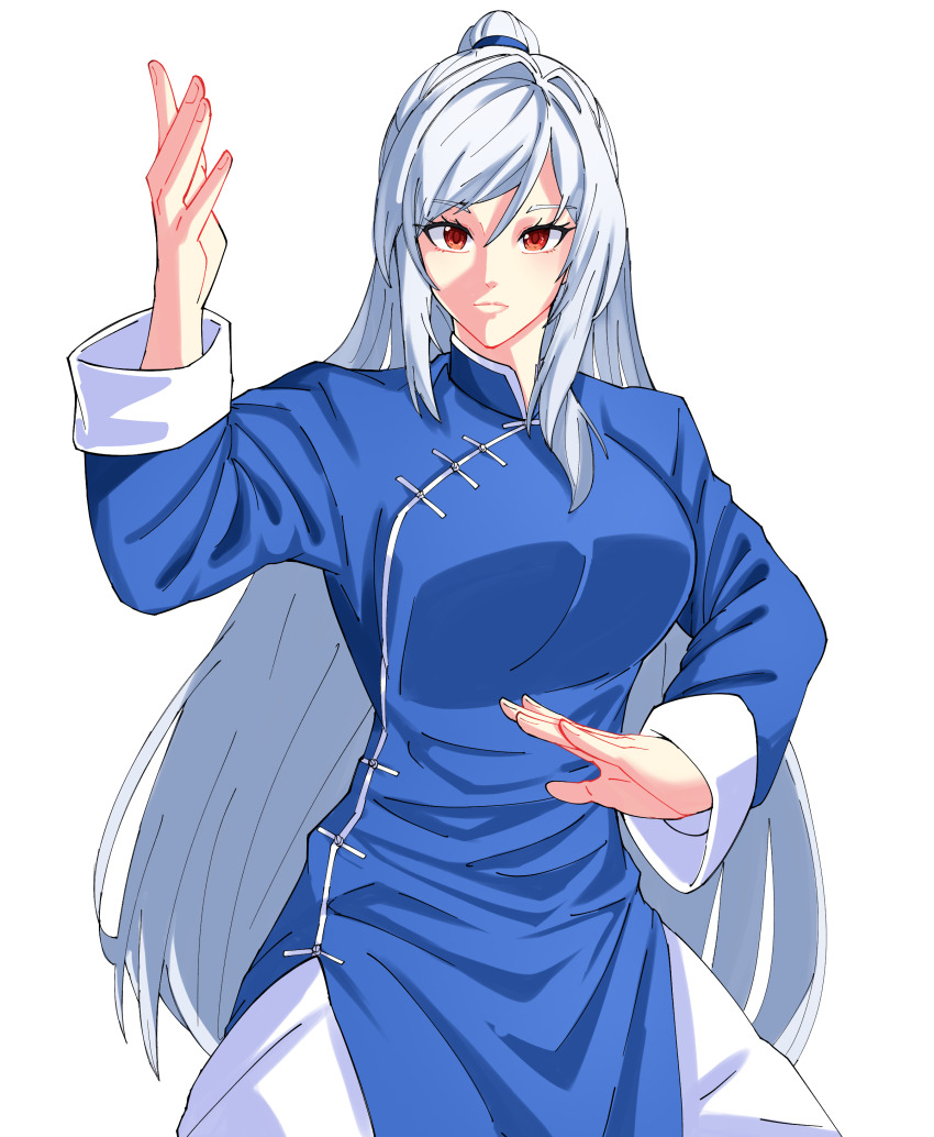 1girl absurdres blue_dress blue_sleeves changpao china_dress chinese_clothes dress fighting fighting_stance high_ponytail highres honkai:_star_rail honkai_(series) jingliu_(honkai:_star_rail) kokoro_no_koibito kung_fu long_hair long_sleeves martial_arts monk ponytail self-upload shaolin_monk solo tangzhuang training white_hair