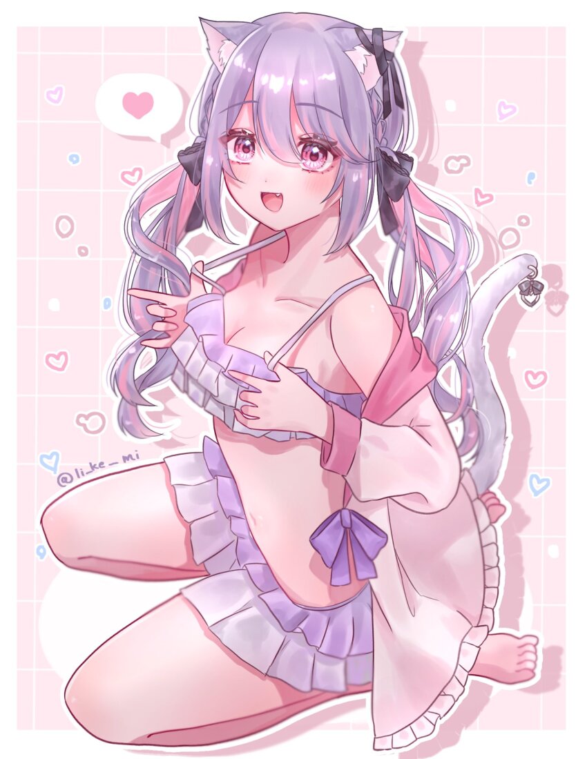 1girl :d alternate_costume animal_ear_fluff animal_ears barefoot bikini black_bow black_ribbon blush bow breasts cat_ears cat_girl cat_tail cleavage commentary_request ear_ribbon fang frilled_bikini frills full_body hair_bow heart highres ina_uruu long_hair looking_at_viewer low_twintails medium_breasts multicolored_hair nanashi_inc. navel open_clothes open_mouth open_shirt otomakome outline pink_eyes pink_hair pink_shirt purple_bikini purple_hair ribbon seiza shirt sitting smile solo spoken_heart swimsuit tail tail_ornament twintails twitter_username two-tone_hair virtual_youtuber white_outline
