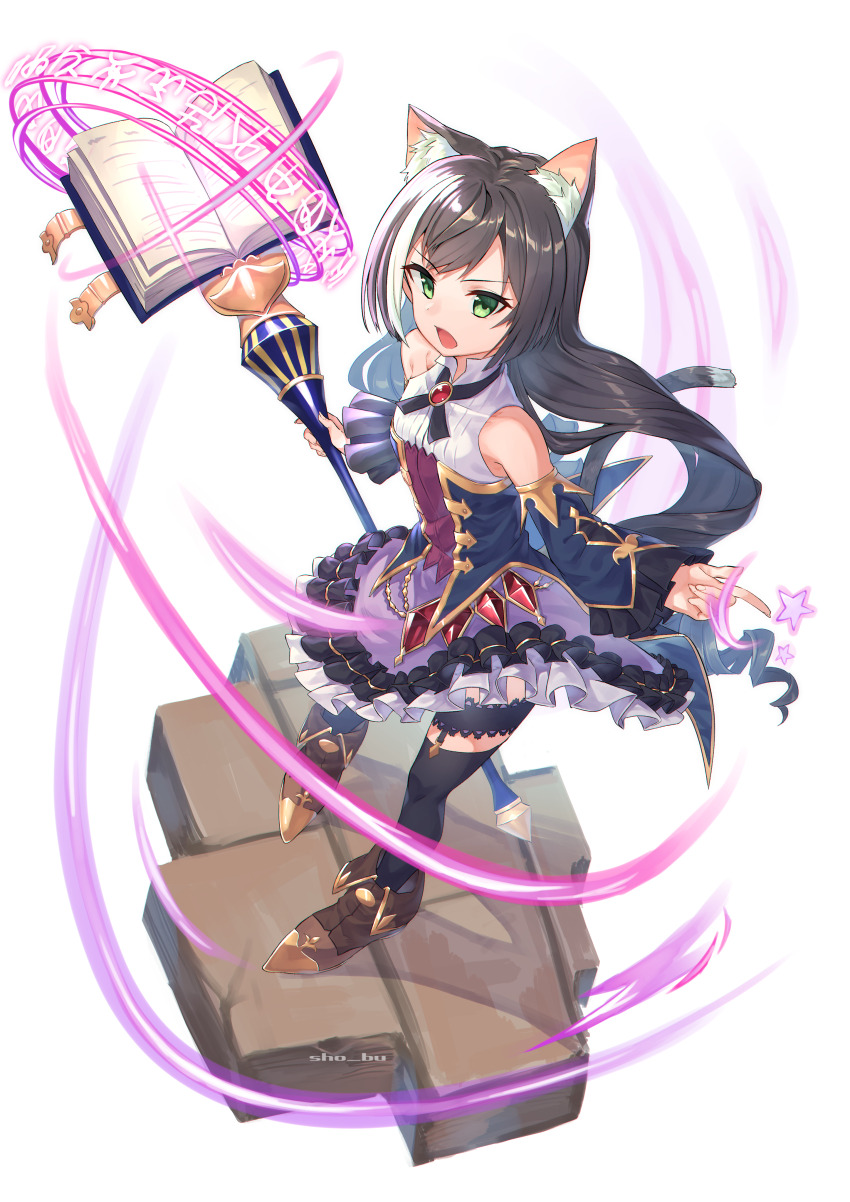 1girl absurdres animal_ear_fluff animal_ears artist_name bare_shoulders black_hair black_thighhighs book boots breasts brooch brown_boots cat_ears cat_girl cat_tail cross_tie detached_sleeves dress full_body garter_straps green_eyes highres holding holding_staff index_finger_raised jewelry karyl_(princess_connect!) long_hair looking_at_viewer magic open_mouth princess_connect! sho_bu_1116 sleeveless sleeveless_dress small_breasts solo staff standing star_(symbol) tail thigh_strap thighhighs watermark white_background