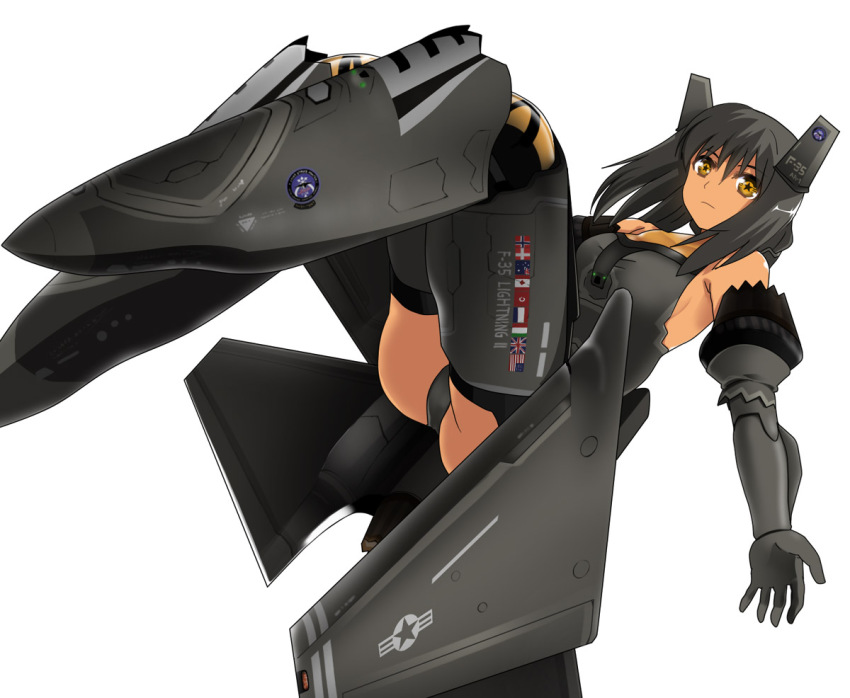 1girl aasara aircraft airplane bare_shoulders black_hair black_thighhighs canopy f-35 female_focus gauntlets jet mecha_musume military original robot_ears simple_background solo star-shaped_pupils star_(symbol) symbol-shaped_pupils thighhighs tosarayama white_background yellow_eyes