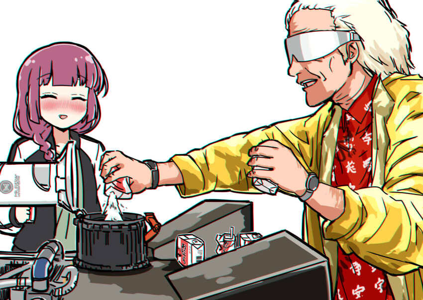 1boy 1girl alcohol_carton back_to_the_future black_jacket blunt_bangs blush bocchi_the_rock! braid braided_ponytail christopher_lloyd closed_eyes collared_shirt doc_brown dress emmett_brown full-face_blush goggles green_dress hair_over_shoulder hiroi_kikuri holding holding_carton jacket long_sleeves multicolored_jacket open_clothes open_jacket open_mouth pouring purple_hair red_shirt shirt simple_background teeth torako_(toramaru) two-tone_jacket universal_studios upper_teeth_only watch white_background white_jacket wristwatch yellow_jacket