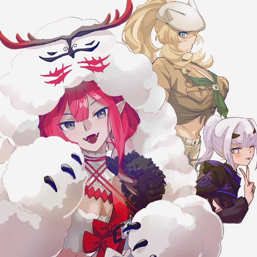 3girls baobhan_sith_(fate) baobhan_sith_(swimsuit_pretender)_(fate) baobhan_sith_(swimsuit_pretender)_(first_ascension)_(fate) barghest_(fate) barghest_(swimsuit_archer)_(fate) barghest_(swimsuit_archer)_(first_ascension)_(fate) black_jacket blonde_hair blue_eyes breasts brown_shirt cernunnos_(fate) character_hood crop_top earrings fangs fate/grand_order fate_(series) green_nails grey_eyes hand_up hat headwear_with_attached_mittens highres jacket jewelry large_breasts long_hair melusine_(fate) melusine_(swimsuit_ruler)_(fate) melusine_(swimsuit_ruler)_(first_ascension)_(fate) multiple_girls nagatsuki_(huwamo9_8ku) navel one_eye_closed pink_hair pointy_ears ponytail purple_eyes shirt sidelocks smile tongue tongue_out v white_background white_hair white_hat