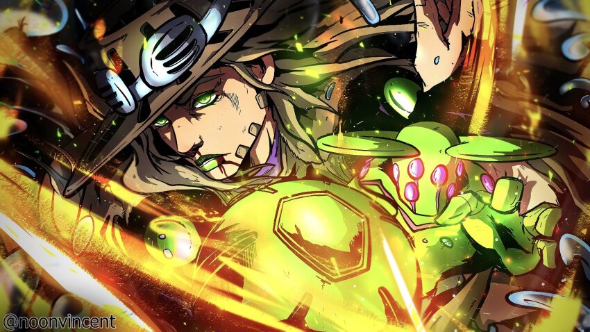 1boy 1other ball_breaker_(stand) beard blood blood_on_face bridal_gauntlets brown_hair brown_hat colored_skin facial_hair goggles goggles_on_headwear green_eyes green_lips green_skin hat highres jojo_no_kimyou_na_bouken long_hair noonvincent pink_eyes stand_(jojo) steel_ball_(jojo) steel_ball_run