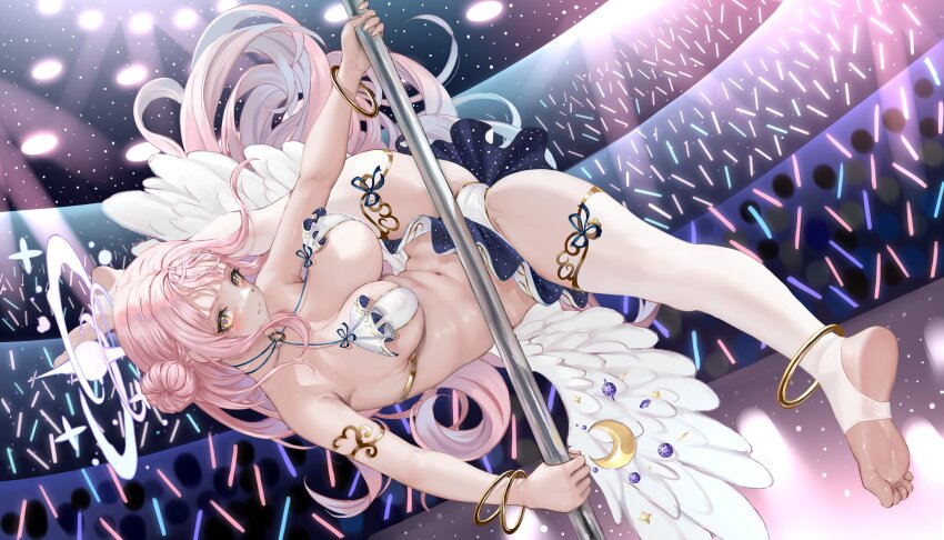 1girl absurdres angel_wings anklet aoi_sakura_(seak5545) armlet bare_shoulders bikini blue_archive blush bracelet breasts closed_mouth collarbone commentary crowd feathered_wings feet fingernails frilled_bikini frills glowstick hair_bun halo highres jewelry large_breasts long_hair low_wings mika_(blue_archive) navel o-ring o-ring_bikini pink_hair pink_halo pink_lips pole pole_dancing second-party_source single_side_bun smile soles solo_focus spread_legs stage_lights stirrup_legwear stomach stripper_pole swimsuit thighhighs thighs toeless_legwear toes white_bikini white_thighhighs white_wings wide_spread_legs wings yellow_eyes