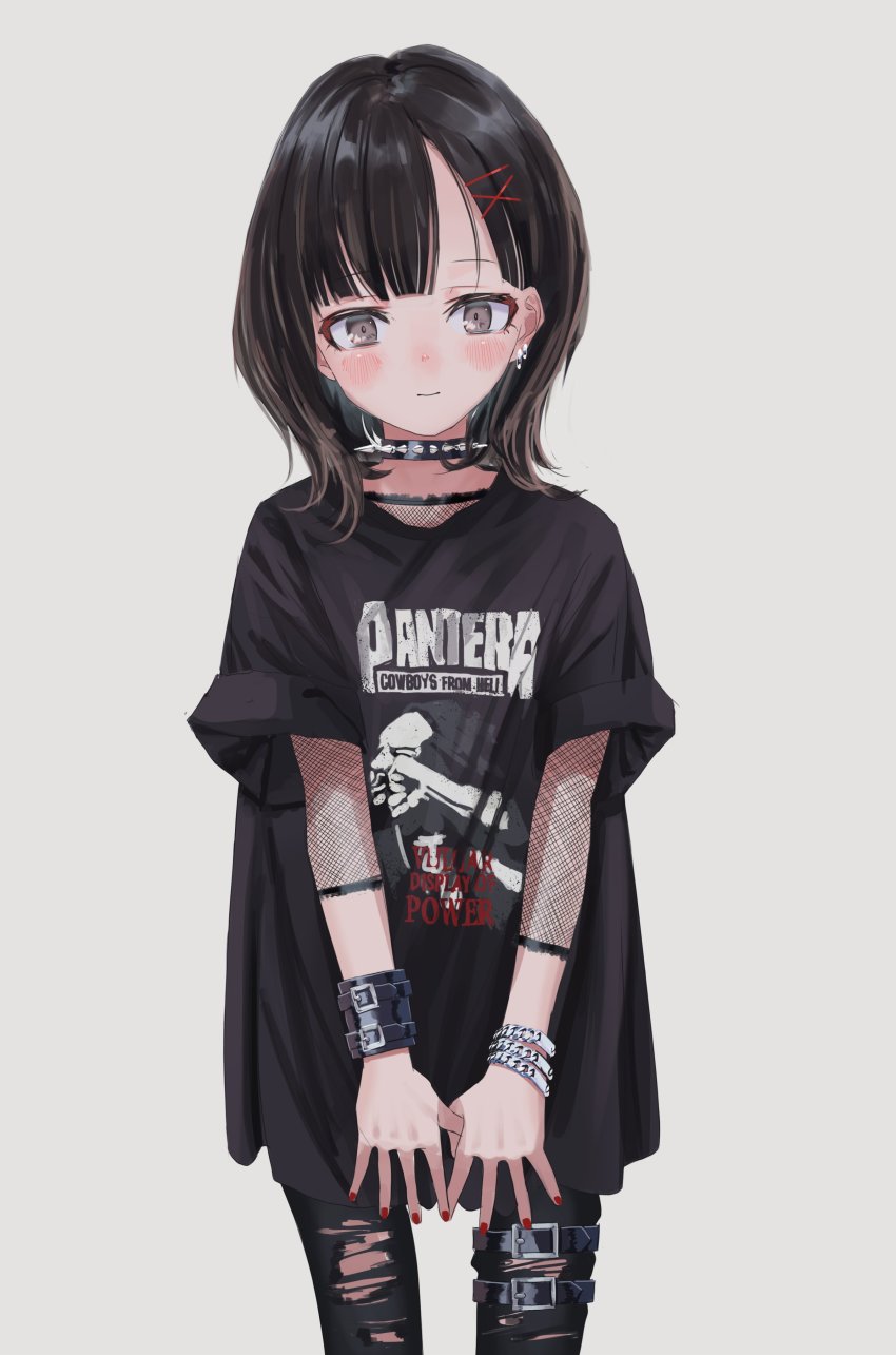 1girl absurdres band_shirt black_pantyhose black_shirt blunt_bangs blush bracelet brown_eyes brown_hair child collar cowboy_shot earrings english_text female_focus fishnets gishiki_(gshk) goth_fashion grey_background highres jewelry looking_down medium_hair merchandise nail_polish original pantera_(band) pantyhose print_shirt red_nails shirt simple_background sleeves_rolled_up solo spiked_collar spikes thigh_strap torn_clothes torn_pantyhose