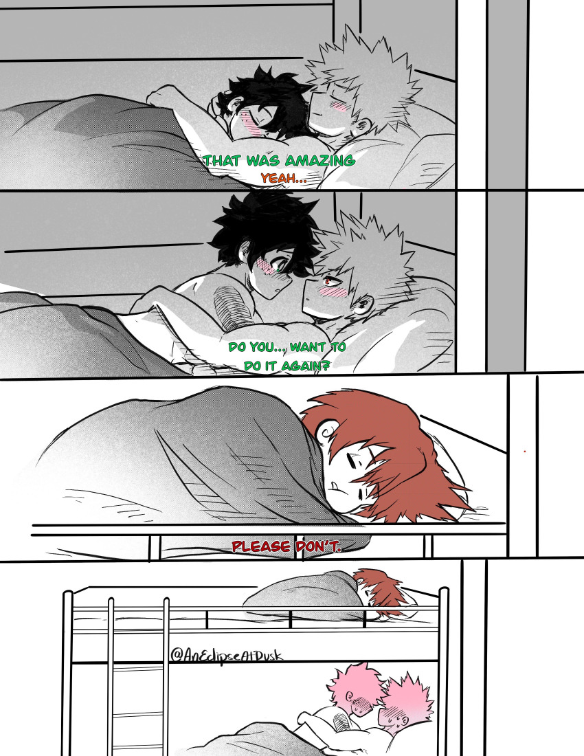 2boys 3boys absurdres aftersex aneclipseatdusk bakudeku bakugou_katsuki bed blush boku_no_hero_academia bones_(company) completely_nude curly_hair double_bed embarrassed freckles green_eyes green_hair highres kirishima_eijirou large_hair lying messy_hair midoriya_izuku multiple_boys nude red_eyes red_hair scar scar_on_arm sex shounen_jump speeling spiked_hair sweatdrop yaoi