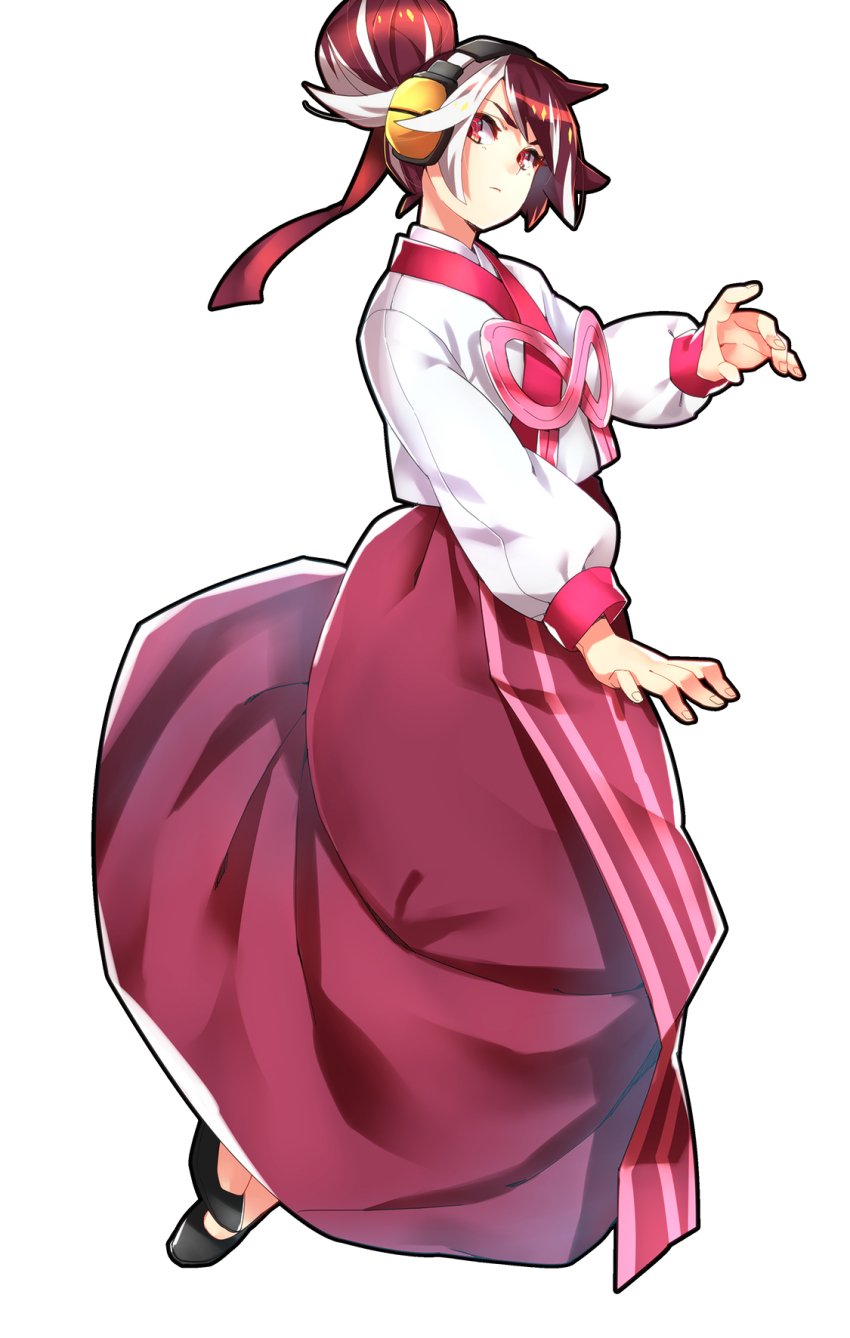 1girl female_focus flat_chest flats full_body guilty_gear guilty_gear_xrd hair_bun hanbok headphones highres korean_clothes kum_haehyun long_skirt makai multicolored_hair red_eyes single_hair_bun skirt solo two-tone_hair white_background white_hair