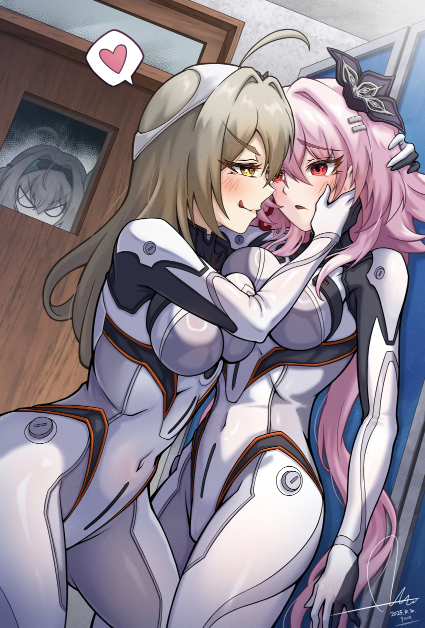 2girls absurdres ahoge blonde_hair blush bodysuit breast_press breasts brown_eyes covered_navel dasoin evernight_(honkai:_star_rail) highres honkai:_star_rail honkai_(series) indoors large_breasts long_hair looking_at_another march_7th_(honkai:_star_rail) multiple_girls open_mouth pink_hair red_eyes skin_tight standing stelle_(honkai:_star_rail) trailblazer_(honkai:_star_rail) very_long_hair white_bodysuit yuri