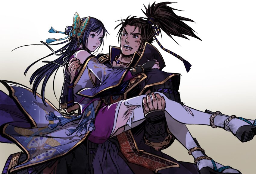 arm_on_another&#039;s_shoulder bare_shoulders brown_eyes brown_hair carrying carrying_person coat hair_ornament highres japanese_clothes kimono lips long_hair long_sleeves looking_at_another nouhime oda_nobunaga parted_lips platform_sandals purple_eyes purple_hair sandals sengoku_musou sengoku_musou_5 skirt spiked_hair thighhighs topknot torn_clothes torn_thighhighs vambraces white_thighhighs