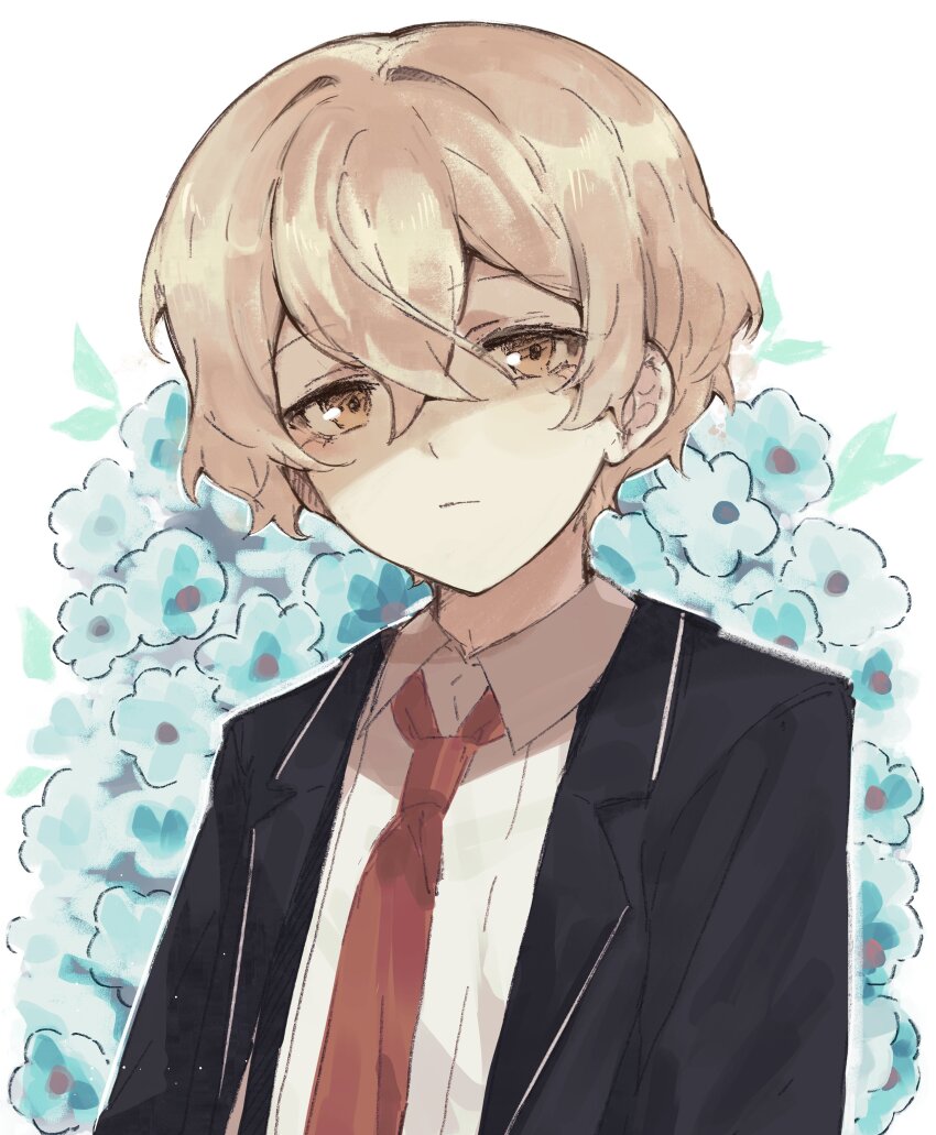 1boy :| absurdres black_coat blonde_hair closed_mouth coat collared_shirt crossed_bangs double-parted_bangs flower head_tilt highres lcb_uniform_(project_moon) limbus_company looking_at_viewer male_focus necktie partially_shaded_face poppy_(flower) project_moon red_necktie shirt short_hair sinclair_(project_moon) solo too_many_flowers upper_body white_shirt widosya yellow_eyes