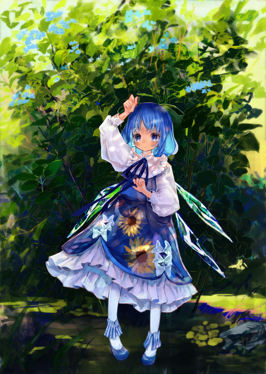 1girl absurdres adapted_costume blue_dress blue_eyes blue_hair blue_ribbon blue_shoes bow cirno commentary_request day detached_wings dress floral_print flower full_body green_background green_bow hair_bow hand_up highres ice ice_wings long_sleeves neck_ribbon outdoors pantyhose plant puffy_sleeves ribbon shirt shoes short_hair solo sunflower_print syukou touhou white_pantyhose white_shirt wings