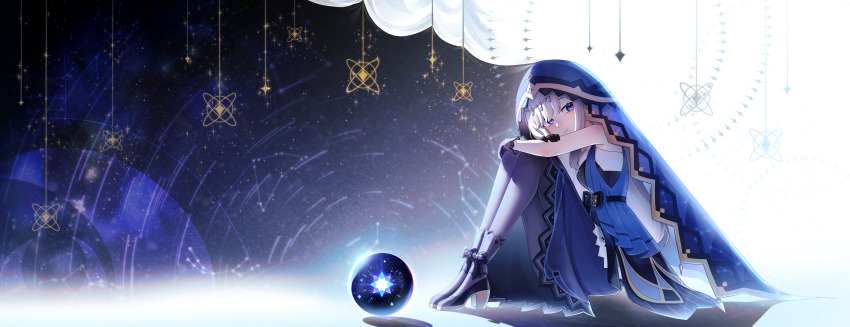 1girl absurdres adina_savic ankle_bow ankle_ribbon black_bow black_gloves black_shoes black_survival blush bow breasts commentary constellation crystal_ball dress dress_bow english_commentary eternal_return:_black_survival gem gloves hair_ornament head_tilt high_heels highres knees_to_chest knees_up long_hair looking_at_viewer moonb3702 night night_sky on_floor parted_lips purple_dress purple_eyes purple_gemstone purple_veil ribbon shoes sidelocks sitting sky sleeveless sleeveless_dress small_breasts solo star_(sky) starry_sky turning_head veil very_long_hair white_background
