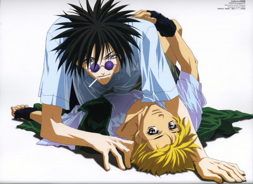 2boys amano_ginji atsuko_nakajima black_hair blonde_hair blue_eyes brown_eyes cigarette couple getbackers glasses gloves male_focus midou_ban multiple_boys official_art short_hair smile sunglasses yaoi