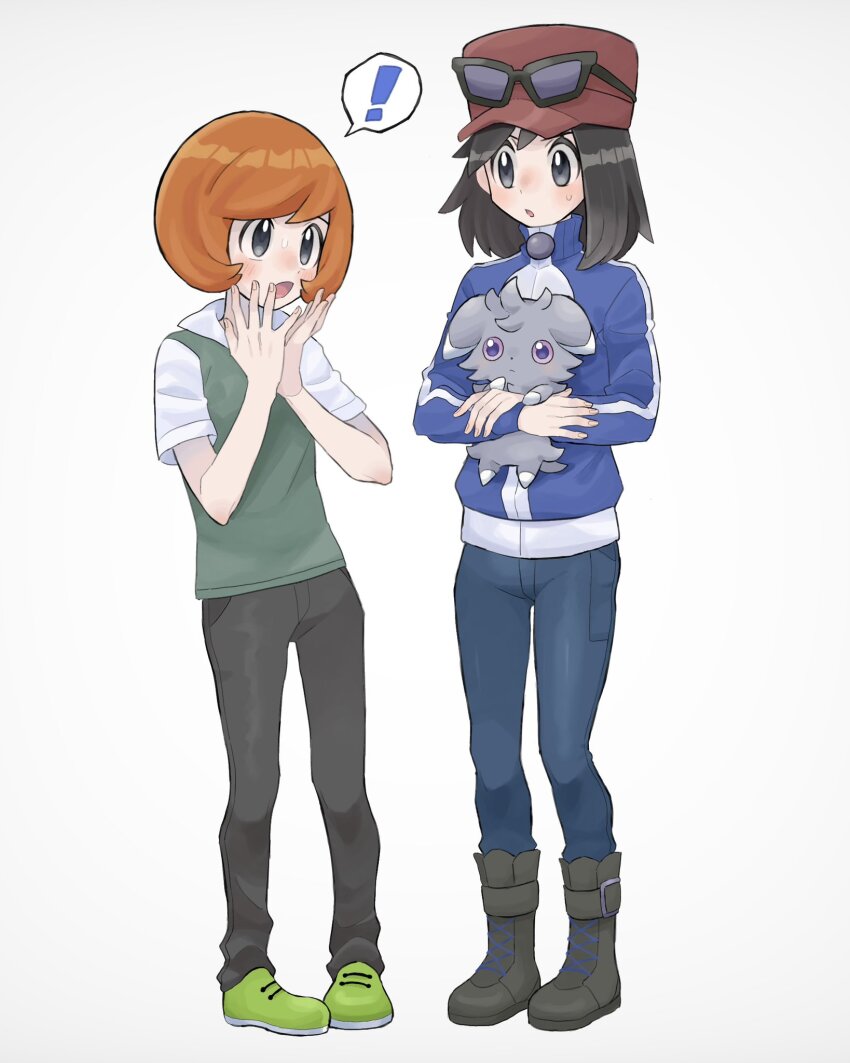 ! 2boys :o alternate_hair_length alternate_hairstyle blue_jacket blush boots calem_(pokemon) collared_shirt commentary_request espurr eyewear_on_headwear gen_6_pokemon green_footwear green_vest grey_eyes hands_up hat highres holding holding_pokemon jacket long_hair long_sleeves male_focus medium_hair multiple_boys nintendo orange_hair pants parted_lips pigeon-toed pokemon pokemon_(creature) pokemon_xy red_headwear sana_(37pisana) shirt shoes short_hair short_sleeves simple_background spoken_exclamation_mark sunglasses sweatdrop trevor_(pokemon) turtleneck turtleneck_jacket vest white_background white_shirt