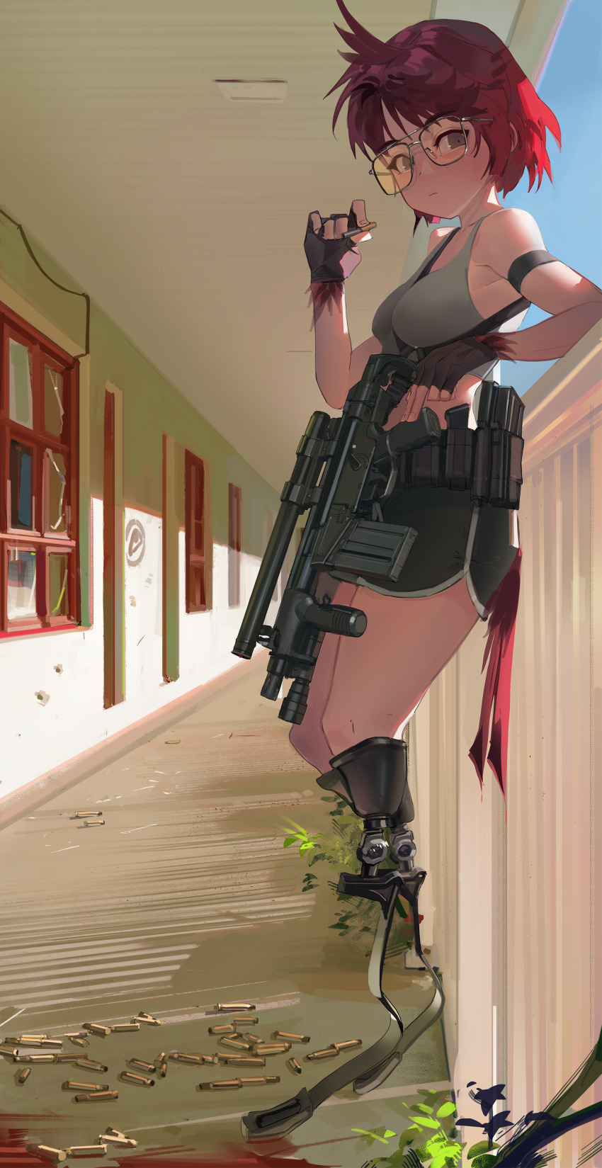 1girl 7.62x51mm_nato absurdres against_railing ammunition_pouch amputee battle_rifle blood carbine double_amputee fingerless_gloves freckles full_body fully_powered_cartridge gloves gpmg_cartridge gun h&amp;k_hk51 highres looking_at_viewer magazine_(weapon) original polilla pouch prosthesis prosthetic_leg railing red_hair rifle rifle_cartridge running_blades shell_casing short-barreled_rifle short_hair smoking solo standing sunglasses very_short_hair weapon