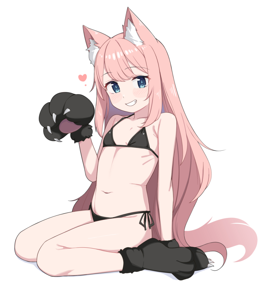 1girl animal_ears animal_hands bikini black_bikini black_gloves blue_eyes clenched_teeth flat_chest gloves highres looking_at_viewer original paw_gloves pink_hair saiste side-tie_bikini_bottom simple_background sitting smile solo swimsuit tail teeth white_background