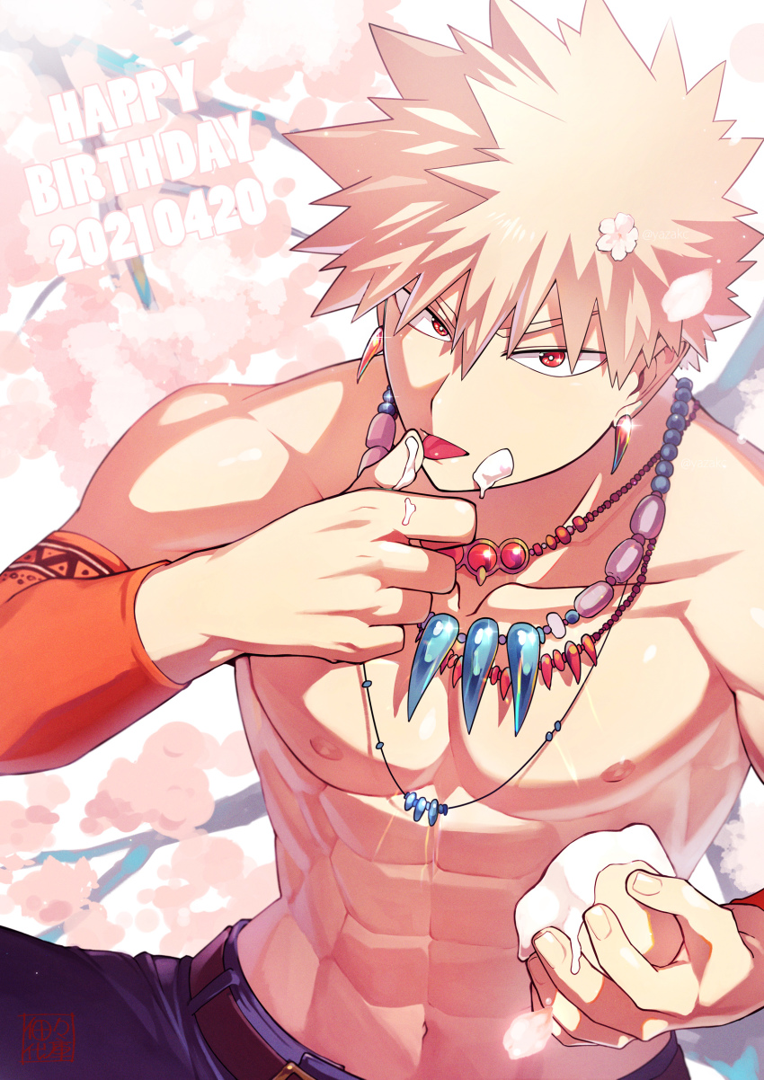1boy abs absurdres artist_name bakugou_katsuki bead_necklace beads belt birthday blonde_hair blue_pants boku_no_hero_academia brown_belt cake caustics cherry_blossoms collarbone dated ear_piercing english_text falling_petals finger_to_mouth flower food food_on_face hair_flower hair_ornament happy_birthday highres holding holding_food icing in_tree jewelry licking licking_finger looking_at_viewer male_focus multiple_necklaces muscular muscular_male navel necklace nipples pants pectorals petals piercing red_eyes short_hair signature single_sleeve sitting sitting_in_tree solo sparkle spiked_hair text_focus tongue tongue_out topless_male tree tribal v-shaped_eyebrows yazaki_(yazakc)