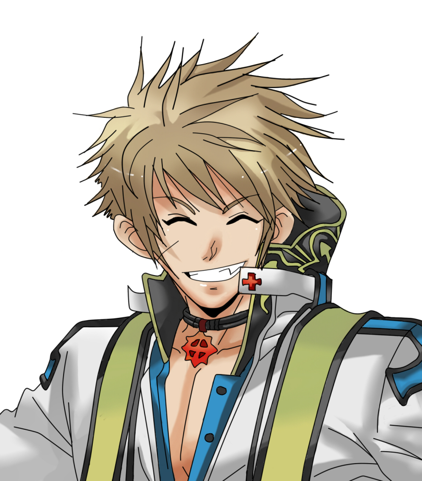 1boy arch_bishop_(ragnarok_online) black_choker brown_hair choker closed_eyes commentary_request cross cross_choker cross_of_prontera frown gladiusms3 highres jacket male_focus ragnarok_online short_hair simple_background solo spiked_hair upper_body white_background white_jacket
