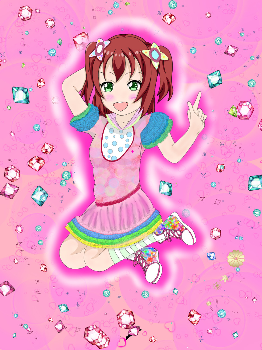 1girl absurdres aqua_eyes aqua_legwear artist_name artist_request blue_skirt blush bow breasts cotton_candy_ei-ei-oh! cross-laced_footwear dress female_focus frilled_dress frills full_body gems green_eyes green_skirt hair_between_eyes hair_bow highres jewelry jumping kurosawa_ruby love_live! love_live!_school_idol_festival love_live!_sunshine!! multicolored_shoes omiya_taylor oomiya_(oomiyat1041) pink_background pink_shirt pleated_skirt polka_dot polka_dot_shirt red_hair ribbon shirt shoes short_hair skirt small_breasts smile solo striped_legwear twintails white_legwear white_shirt
