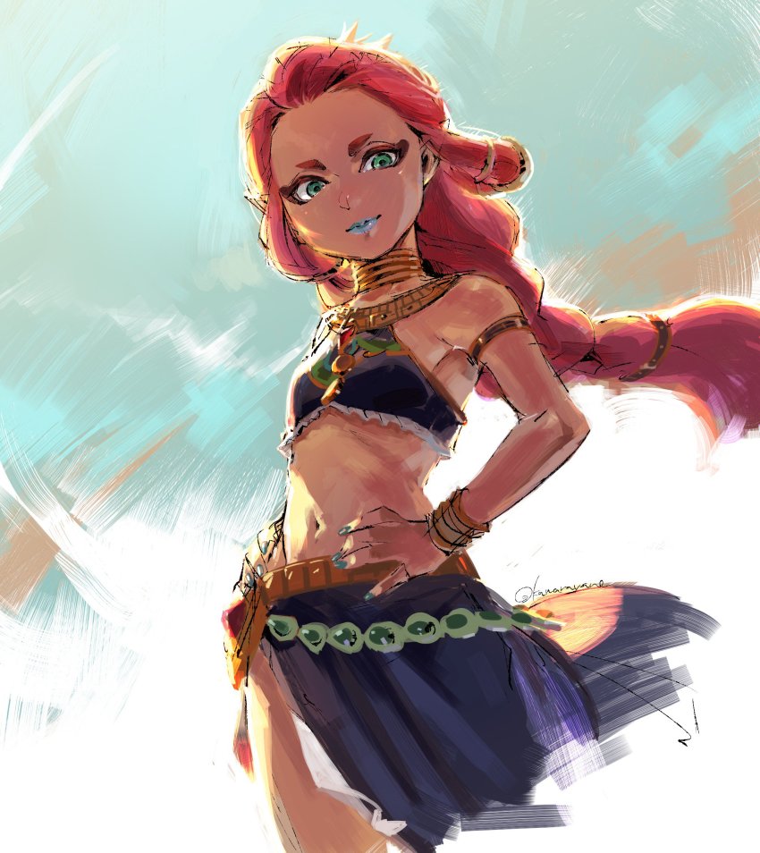 1girl aqua_nails armlet armpits backlighting bare_shoulders blue_lips braid braided_ponytail dark-skinned_female dark_skin faux_traditional_media flat_chest gerudo green_eyes hand_on_own_hip highres jewelry kawarayane lipstick long_hair looking_at_viewer looking_down makeup midriff nail_polish navel neck_ring nintendo peacock_feathers red_hair riju ringlets sketch sleeveless the_legend_of_zelda the_legend_of_zelda:_breath_of_the_wild very_long_hair