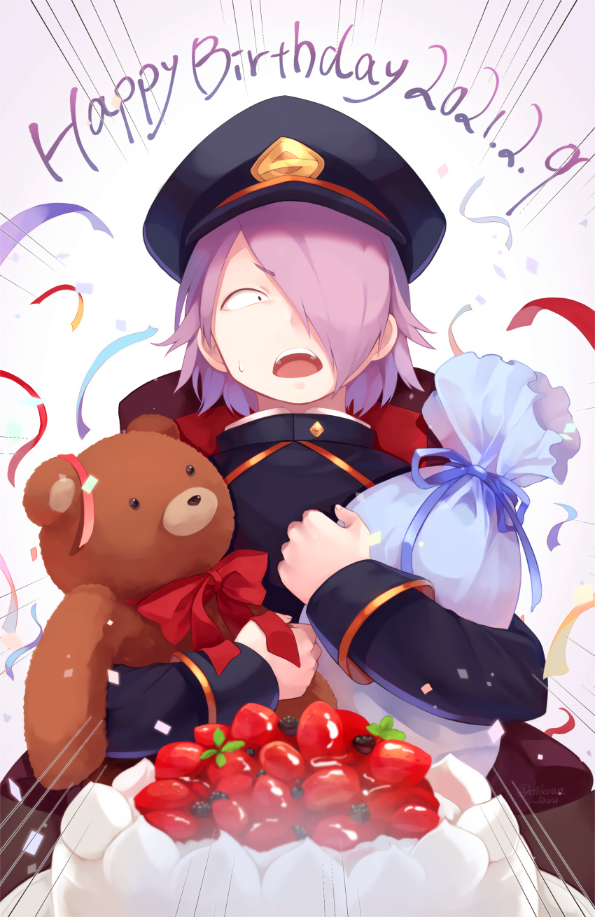1boy absurdres black_coat black_hat blue_ribbon boku_no_hero_academia bow cake chikuwa_savy coat commentary_request confetti dated food fruit hair_over_one_eye happy_birthday hat highres holding holding_teddy_bear long_sleeves male_focus peaked_cap raspberry red_bow ribbon shishikura_seiji simple_background solo strawberry stuffed_animal stuffed_toy