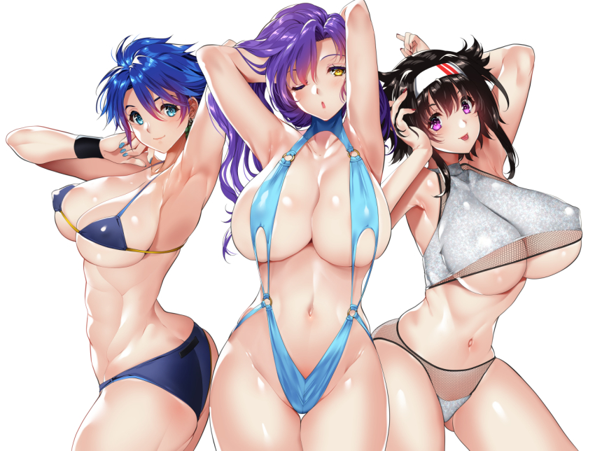 3girls abs armpits arms_up ass bikini blue_eyes blue_hair breasts brown_hair butt_crack cleavage closed_mouth collarbone commentary covered_erect_nipples earrings fingernails gradient_hair hair_ornament hairband halterneck highleg highleg_swimsuit huge_breasts jewelry large_breasts long_hair looking_at_viewer multicolored_hair multiple_girls nail_polish navel o-ring o-ring_swimsuit one_eye_closed open_mouth original purple_eyes purple_hair shiny_clothes shiny_skin short_hair simple_background smile stomach summer swimsuit tamiya_akito thighs tongue tongue_out underboob white_background wristband yellow_eyes