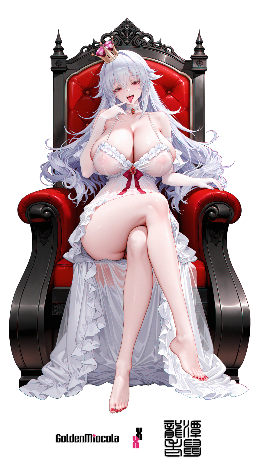 1girl absurdres areola_slip artist_name ass bare_shoulders barefoot breasts cleavage collar collar_jewel collarbone commission covered_erect_nipples crossed_legs crown dress female_pervert finger_to_mouth frilled_collar frilled_dress frilled_gloves frills full_body gem gloves goldenmiocola highres long_hair looking_at_viewer mario_(series) mini_crown mixed-language_commentary new_super_mario_bros._u_deluxe nintendo nipples nipples open_mouth pervert princess_king_boo red_gemstone red_nails seductress see-through_clothes see-through_dress sharp_teeth simple_background sitting sleeveless sleeveless_dress super_crown teeth thick_thighs thighs tongue tongue_out white_background white_dress white_gloves white_hair