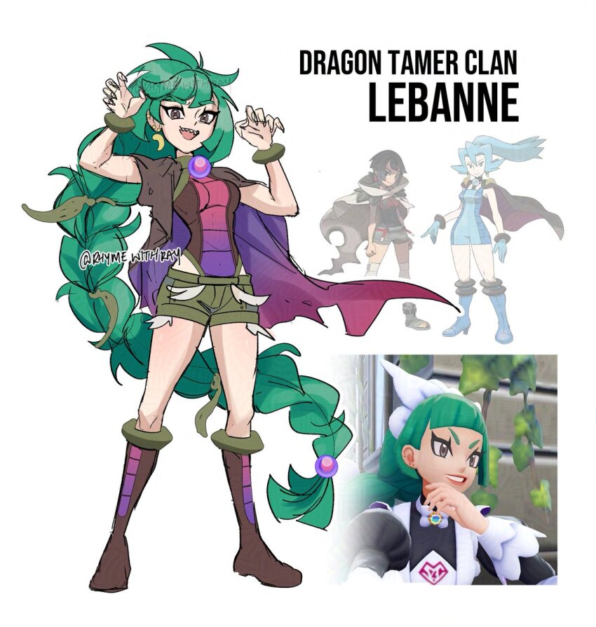 1girl aged_down alternate_costume boots bracelet braid braided_ponytail brown_boots brown_cloak brown_eyes brown_leotard character_name clair_(pokemon) claw_pose cloak earrings fingernails full_body game_screenshot_inset gradient_clothes gradient_leotard green_shorts hair_bobbles hair_ornament hands_up highres jewelry knee_boots lebanne_(pokemon) leotard long_braid long_fingernails long_hair looking_at_viewer messy_hair multicolored_leotard nintendo official_art_inset open_mouth orb pokemon pokemon_hgss pokemon_legends:_z-a pokemon_oras purple_cloak purple_leotard reference_inset rhymewithray sharp_fingernails sharp_teeth short_shorts shorts single_braid smile solo standing teeth two-sided_cloak two-sided_fabric upper_teeth_only very_long_hair zinnia_(pokemon)