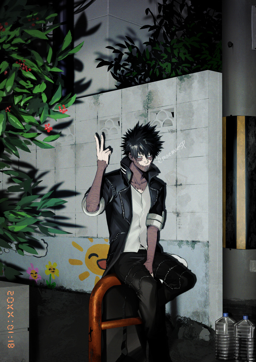 1boy absurdres between_legs black_hair black_jacket black_pants boku_no_hero_academia bottle closed_mouth commentary_request dabi_(boku_no_hero_academia) earrings face_piercing grey_eyes hand_between_legs highres jacket jewelry maemaesp male_focus night nose_piercing nose_ring outdoors pants piercing plant shirt short_hair sitting solo spiked_hair stitched_face stitches sun tile_wall tiles urban v water_bottle white_shirt