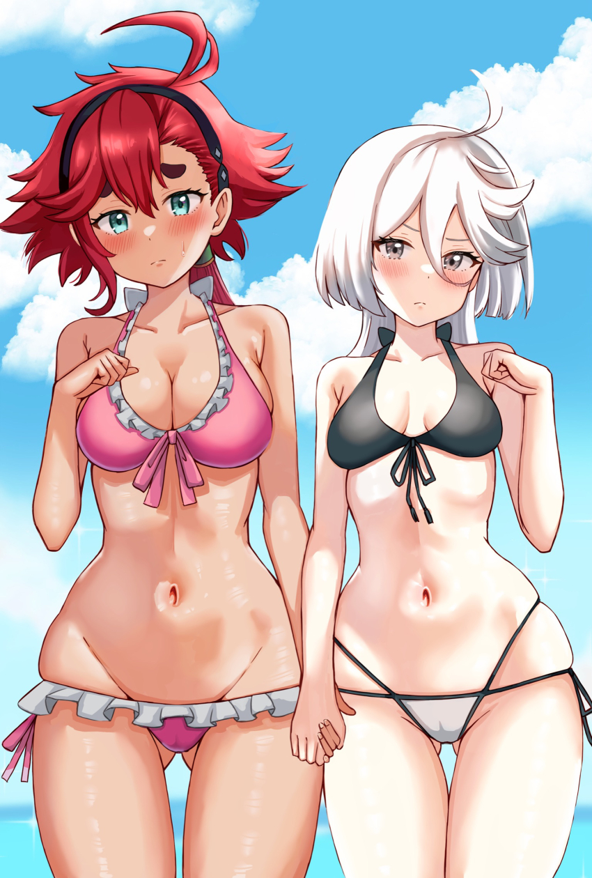 2girls ahoge aqua_eyes bikini black_bikini black_hairband blush breasts cleavage cloud embarrassed frown grey_eyes grey_hair gundam gundam_suisei_no_majo hair_between_eyes hairband highres holding_hands long_hair medium_breasts miorine_rembran multi-strapped_bikini_bottom multicolored_bikini multiple_girls narrow_waist navel nootomo ocean pink_bikini red_hair shiny_skin side-tie_bikini_bottom skindentation sky small_breasts stomach suletta_mercury swept_bangs swimsuit thick_eyebrows two-tone_bikini white_bikini yuri