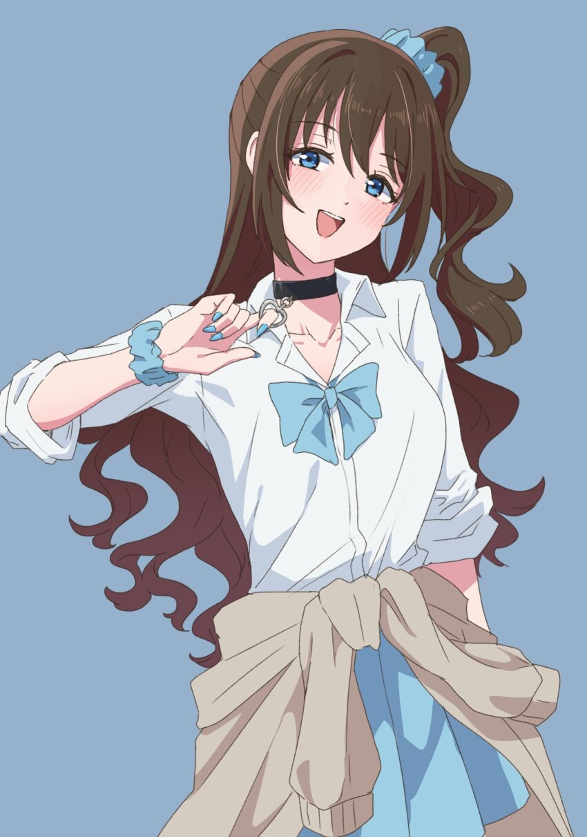 1girl :d black_choker blue_background blue_bow blue_bowtie blue_eyes blue_scrunchie blue_skirt blush bow bowtie brown_hair cardigan cardigan_around_waist choker clothes_around_waist collared_shirt commentary_request cowboy_shot dress_shirt grey_cardigan gyaru gyarugasaki hair_ornament hair_scrunchie heart heart_choker highres kogal long_hair looking_at_viewer loose_bowtie love_live! love_live!_nijigasaki_high_school_idol_club miniskirt official_alternate_costume one_side_up open_mouth osaka_shizuku pleated_skirt school_uniform scrunchie shirt sidelocks simple_background skirt sleeves_rolled_up smile solo taiyakippassion teeth upper_teeth_only very_long_hair wavy_hair white_shirt wrist_scrunchie