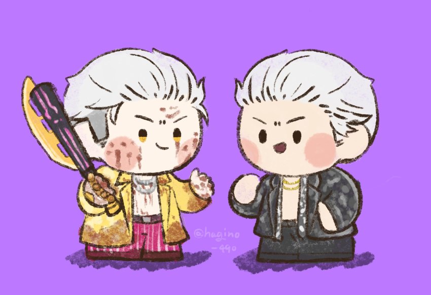 2boys black_eyes black_shirt blood blood_on_clothes blood_on_face brass_knuckles chibi crossover gold_necklace hagino_490 han_joon-gi hand_in_pocket highres holding holding_weapon jewelry look-alike male_focus multiple_boys necklace open_clothes open_shirt pants pink_pants ryuu_ga_gotoku_(series) ryuu_ga_gotoku_6 shirt short_hair silver_hair silver_neckwear striped_clothes striped_pants the_trickster_(dead_by_daylight) trait_connection twitter_username weapon yellow_eyes yellow_shirt