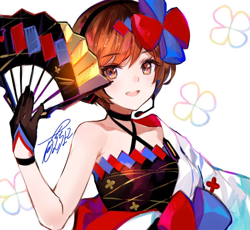 1girl bare_shoulders black_dress black_gloves bow brown_eyes brown_hair cherry_blossom_print commentary criss-cross_halter dress floral_print folding_fan fuzichoco gloves hair_bow half_gloves halterneck hand_fan headphones headset highres holding holding_fan japanese_clothes looking_at_viewer magical_mirai_(vocaloid) magical_mirai_meiko magical_mirai_meiko_(2020_summer) meiko_(vocaloid) open_mouth short_hair signature single_sleeve smile solo upper_body vocaloid white_background wide_sleeves