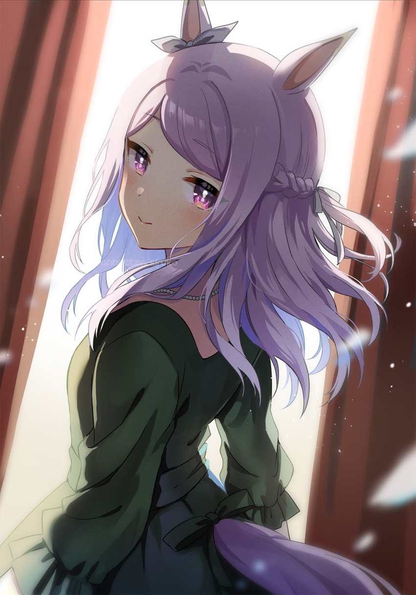 1girl anbutter_siruko animal_ears bead_necklace beads blush closed_mouth dress green_dress highres horse_ears horse_girl horse_tail jewelry long_hair long_sleeves looking_at_viewer mejiro_mcqueen_(umamusume) necklace purple_eyes purple_hair ribbon smile solo tail umamusume