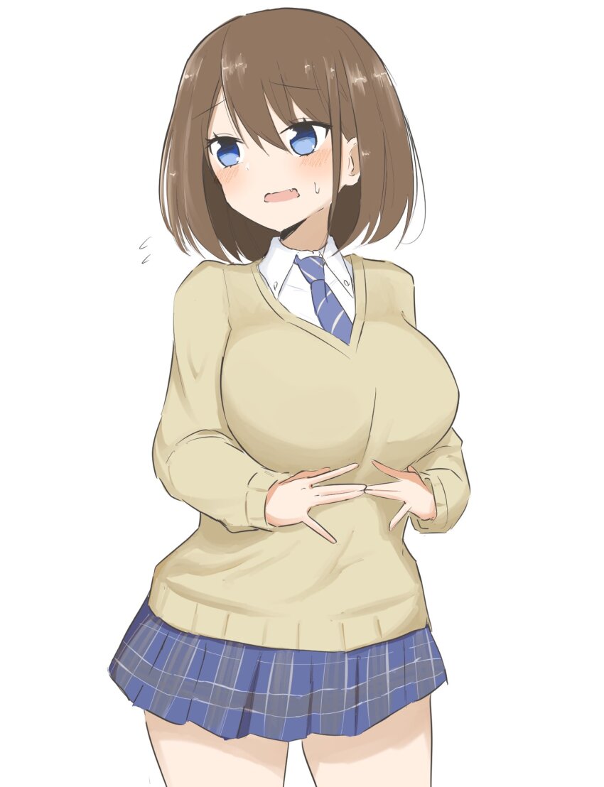 1girl blue_eyes blue_necktie blue_skirt blush breasts brown_hair brown_sweater collared_shirt cowboy_shot highres katsuhiko_(bone_hiko) large_breasts long_sleeves miniskirt necktie open_mouth plaid_clothes plaid_skirt pleated_skirt saki_(manga) shirt shy skirt solo sweat sweatdrop sweater unozawa_shiori white_background white_shirt