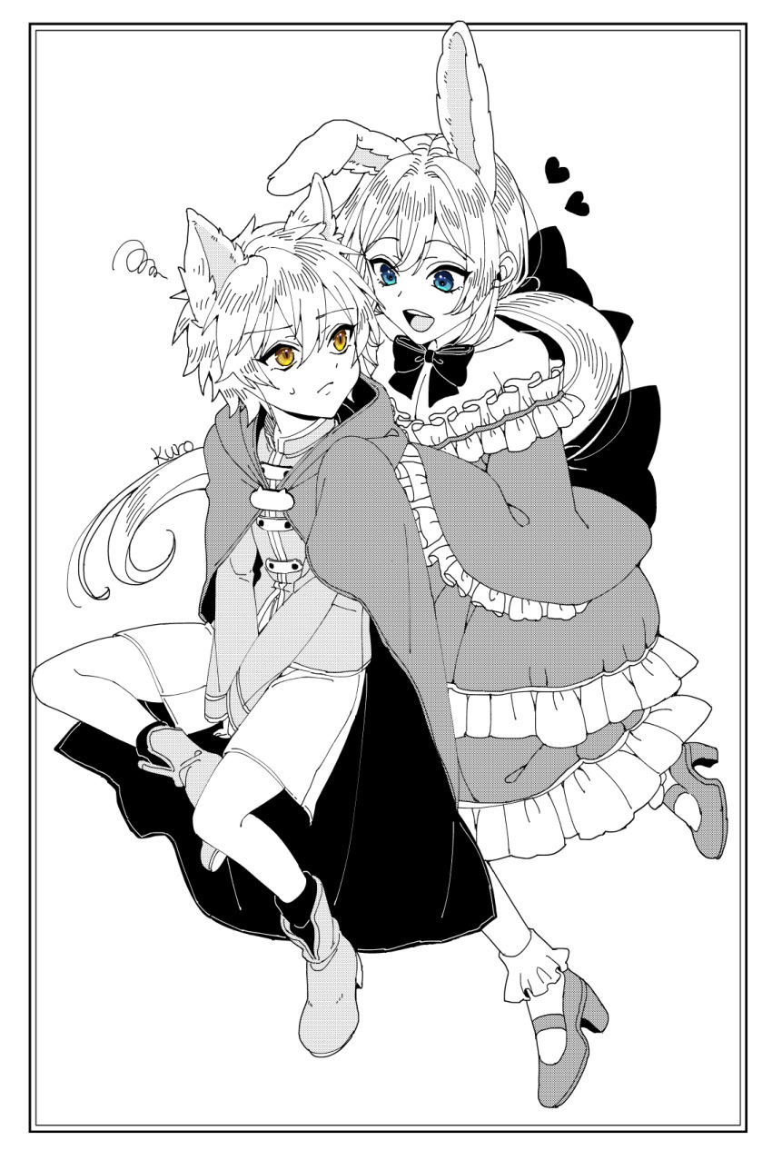 2boys :d androgynous animal_ears blue_eyes boots bow bowtie cloak collarbone commentary_request crossdressing crossdressing_(mtf) dragon_quest dragon_quest_x dress floating_hair frilled_dress frilled_socks frills frown hair_bow heart hero_(dq10) highres invisible_chair kuro11_222 looking_at_another looking_back low_ponytail male_focus multiple_boys off-shoulder_dress off_shoulder open_mouth pectoral_cleavage pectorals ponytail rabbit_boy rabbit_ears raki_(dq10) screentones shirt shorts sitting smile socks spot_color squiggle strappy_heels sweatdrop teeth trap upper_teeth_only wolf_boy wolf_ears yellow_eyes