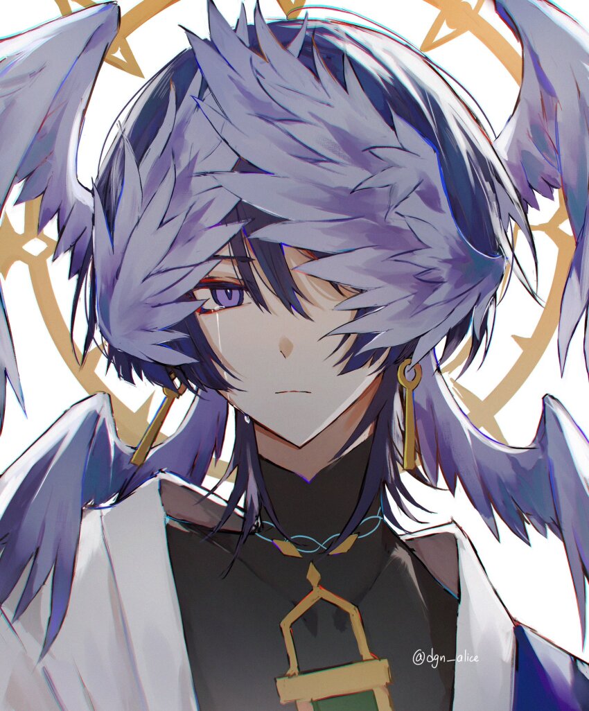 1boy black_bodysuit blunt_ends bodysuit bright_pupils closed_mouth collarbone constricted_pupils cosplay crying dragonagia643 eyeliner eyeshadow feathered_wings genshin_impact halo halo_behind_head head_wings highres honkai:_star_rail honkai_(series) japanese_clothes kimono looking_at_viewer makeup male_focus mandarin_collar multiple_wings portrait purple_eyes purple_hair purple_wings red_eyeliner red_eyeshadow scaramouche_(genshin_impact) slit_pupils solo streaming_tears sunday_(honkai:_star_rail) sunday_(honkai:_star_rail)_(cosplay) tears turtleneck turtleneck_bodysuit twitter_username wanderer_(genshin_impact) white_kimono white_pupils wings wings_over_eyes yellow_halo
