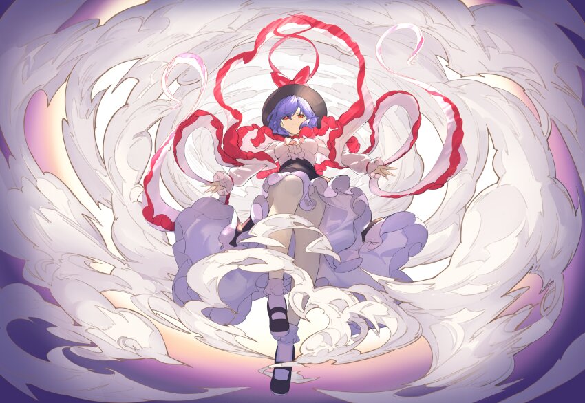 1girl absurdres black_hat black_shoes black_skirt bobby_socks bow center_frills closed_mouth cloud commentary_request devilkillerx floating frilled_shawl frilled_skirt frilled_sleeves frills full_body hagoromo hat hat_bow highres long_sleeves looking_at_viewer mary_janes nagae_iku outstretched_arms purple_hair red_eyes shawl shirt shoes short_hair skirt socks solo spread_arms touhou white_shirt white_socks