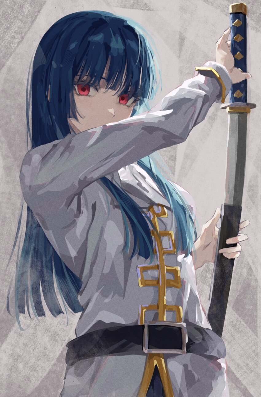 1girl ascot belt belt_buckle black_belt blue_hair blunt_bangs buckle commentary commentary_request covered_mouth gintama highres hime_cut holding holding_sheath holding_sword holding_weapon imai_nobume jacket katana komura_hiroto long_hair looking_at_viewer military_uniform red_eyes sheath simple_background solo sword unsheathing weapon white_ascot white_jacket