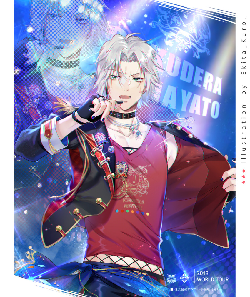 1boy black_gloves black_vest commentary_request concert crew_neck curtained_hair ekita_kuro fingerless_gloves gloves glowstick gokudera_hayato green_eyes grey_hair headset highres idol idol_clothes jewelry katekyo_hitman_reborn! male_focus microphone nail_polish red_shirt ring shirt stage stage_lights sweat vest