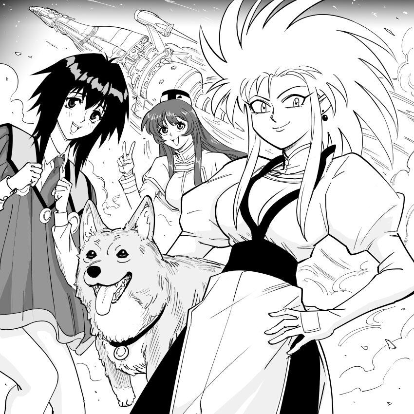 3girls absurdres animal bb_(baalbuddy) blush breasts cleavage closed_mouth commentary cowboy_bebop cowboy_shot crossover dog dress earrings ein_(cowboy_bebop) english_commentary feet_out_of_frame greyscale hand_on_own_hip hands_up hat highres jacket jewelry kidou_senkan_nadesico large_breasts long_hair long_sleeves melfina_(outlaw_star) misumaru_yurika monochrome multiple_girls necktie open_mouth outlaw_star outlaw_star_(spaceship) ryouko_(tenchi_muyou!) smile smoke spacecraft spiked_hair standing tenchi_muyou! v welsh_corgi