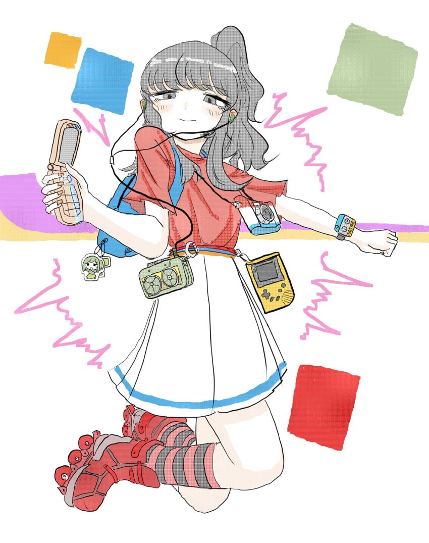 1girl backpack bag bag_charm black_socks blue_bag camera charm_(object) full_body game_boy game_boy_color grey_eyes grey_hair handheld_game_console headphones high_ponytail highres holding holding_phone jumping long_hair looking_at_viewer original phone pink_socks pleated_skirt ponytail red_shirt roller_skates shirt sidelocks sk76376502 skates skirt socks solo squinting striped_clothes striped_socks two-tone_socks walkman watch white_skirt wristwatch
