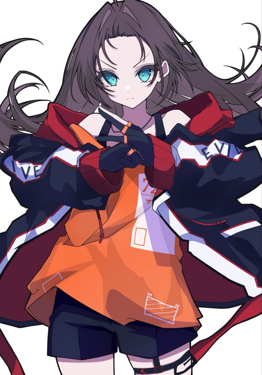 blue_eyes brown_hair gloves highres hololive jacket long_hair long_sleeves looking_at_viewer minkof_nn natsuiro_matsuri natsuiro_matsuri_(gaming_casual) open_clothes open_jacket parted_bangs shorts simple_background solo virtual_youtuber white_background